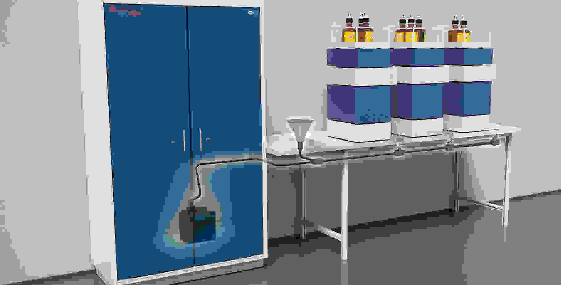 A blue storage cabinet is shown alongside a white table with stacked containers. Some containers have hoses attached, and a funnel is positioned on the table, indicating a setup for liquid transfer or chemical storage.
