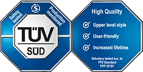 Logo showing TÜV SÜD certification with highlights on safety testing, production monitoring, and high-quality attributes.