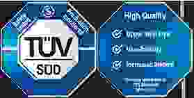 Logo showing TÜV SÜD certification with highlights on safety testing, production monitoring, and high-quality attributes.