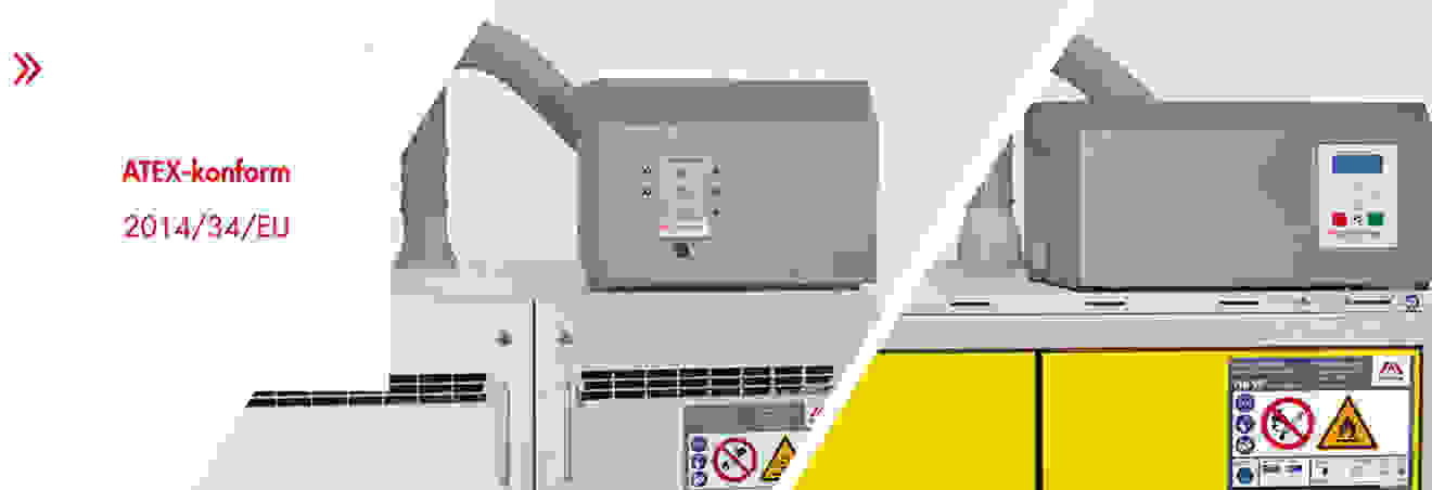 ATEX-konforme Geräte mit Kontrollanzeigen und Schläuchen, auf einem weißen Hintergrund.