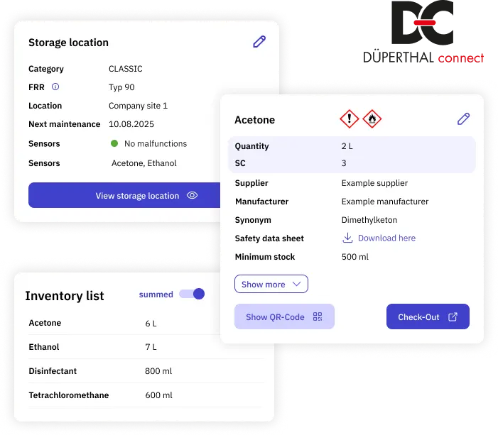 A digital inventory overview displaying chemical items, their quantities, and storage details. Sections include a list of items like acetone, ethanol, and butanol, with options for exporting data and managing storage areas.