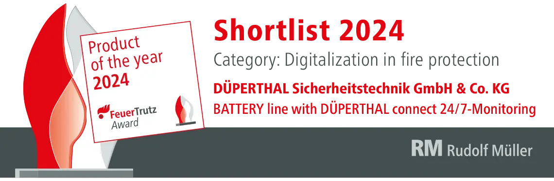 Award announcement for DÜPERTHAL Sicherheits­technik GmbH & Co. KG, highlighting their product as a finalist for the 