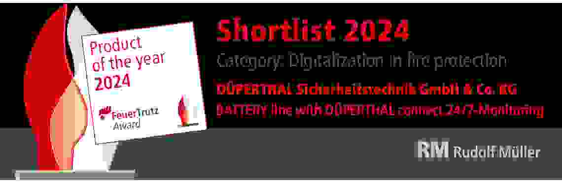 Award announcement for DÜPERTHAL Sicherheits­technik GmbH & Co. KG, highlighting their product as a finalist for the 