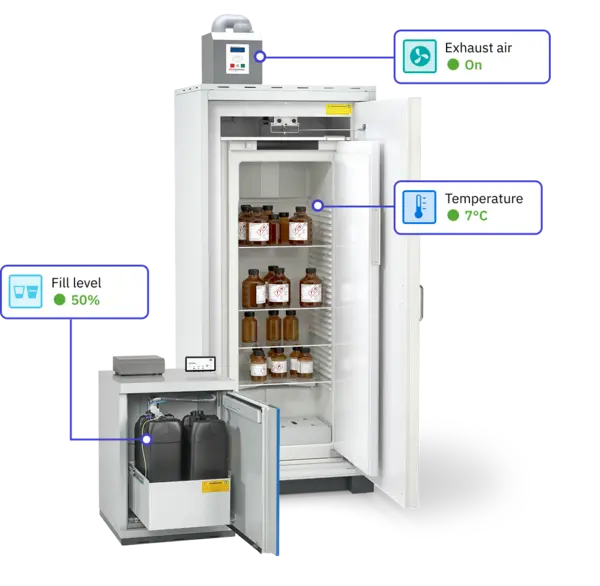 Image of a temperature monitor with a digital display showing a temperature reading of 19.27°C, alongside two temperature probes and various icons for measurement tools.