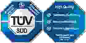 TÜV Süd Qualitätssiegel mit Hinweisen zu hoher Qualität, Benutzerfreundlichkeit und erhöhter Lebensdauer.