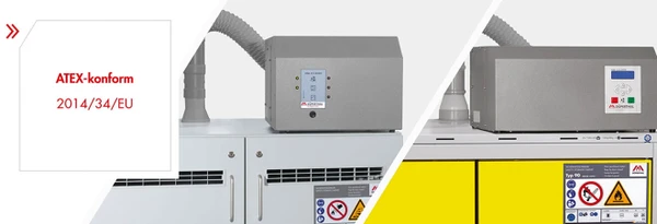 ATEX-konforme Geräte mit Kontrollanzeigen und Schläuchen, auf einem weißen Hintergrund.