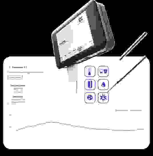 Image of a temperature monitor with a digital display showing a temperature reading of 19.27°C, alongside two temperature probes and various icons for measurement tools.