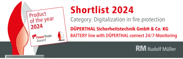 Award announcement for DÜPERTHAL Sicherheits­technik GmbH & Co. KG, highlighting their product as a finalist for the 
