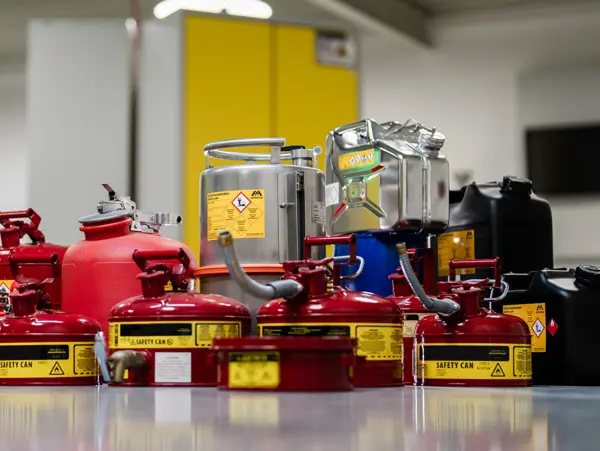 Eine Anordnung verschiedener Sicherheitsbehälter, hauptsächlich in Rot, zur Aufbewahrung von Flüssigkeiten, mit Warnhinweisen und Etiketten.