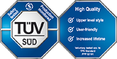 Certification badge featuring the TÜV SÜD logo, highlighting high quality, user-friendliness, and increased lifetime.