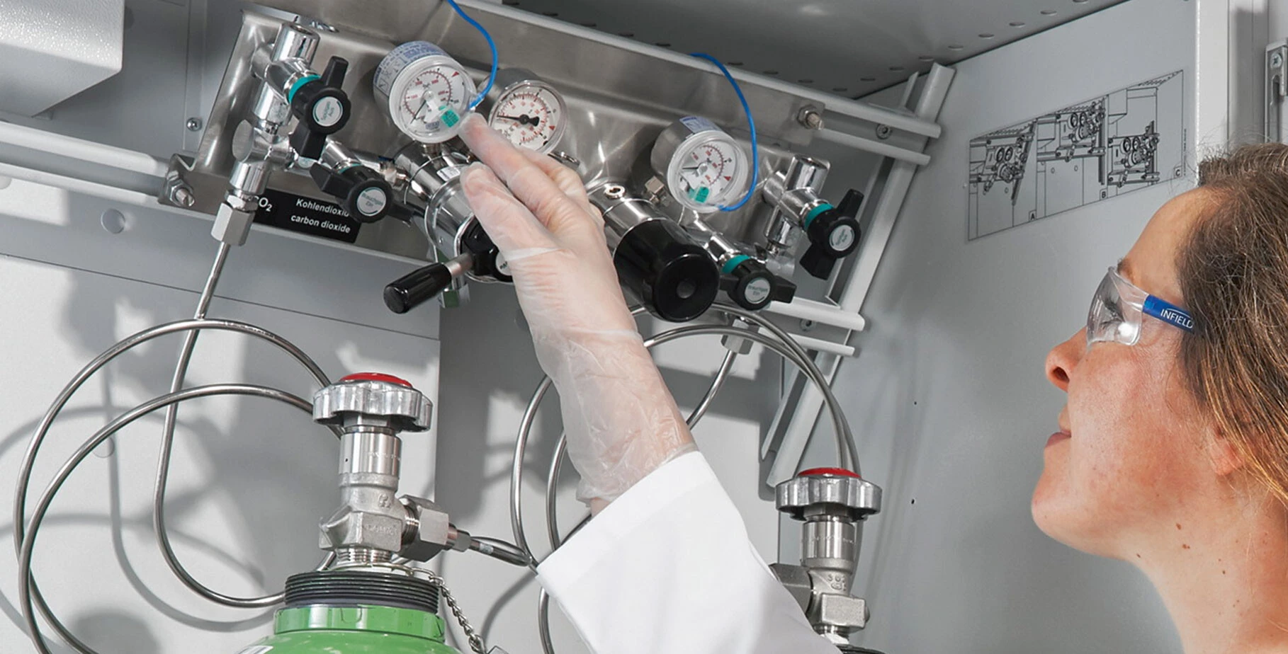 Une personne portant des lunettes de protection et des gants opère un système de régulation de gaz muni d'indicateurs de pression et de vannes.