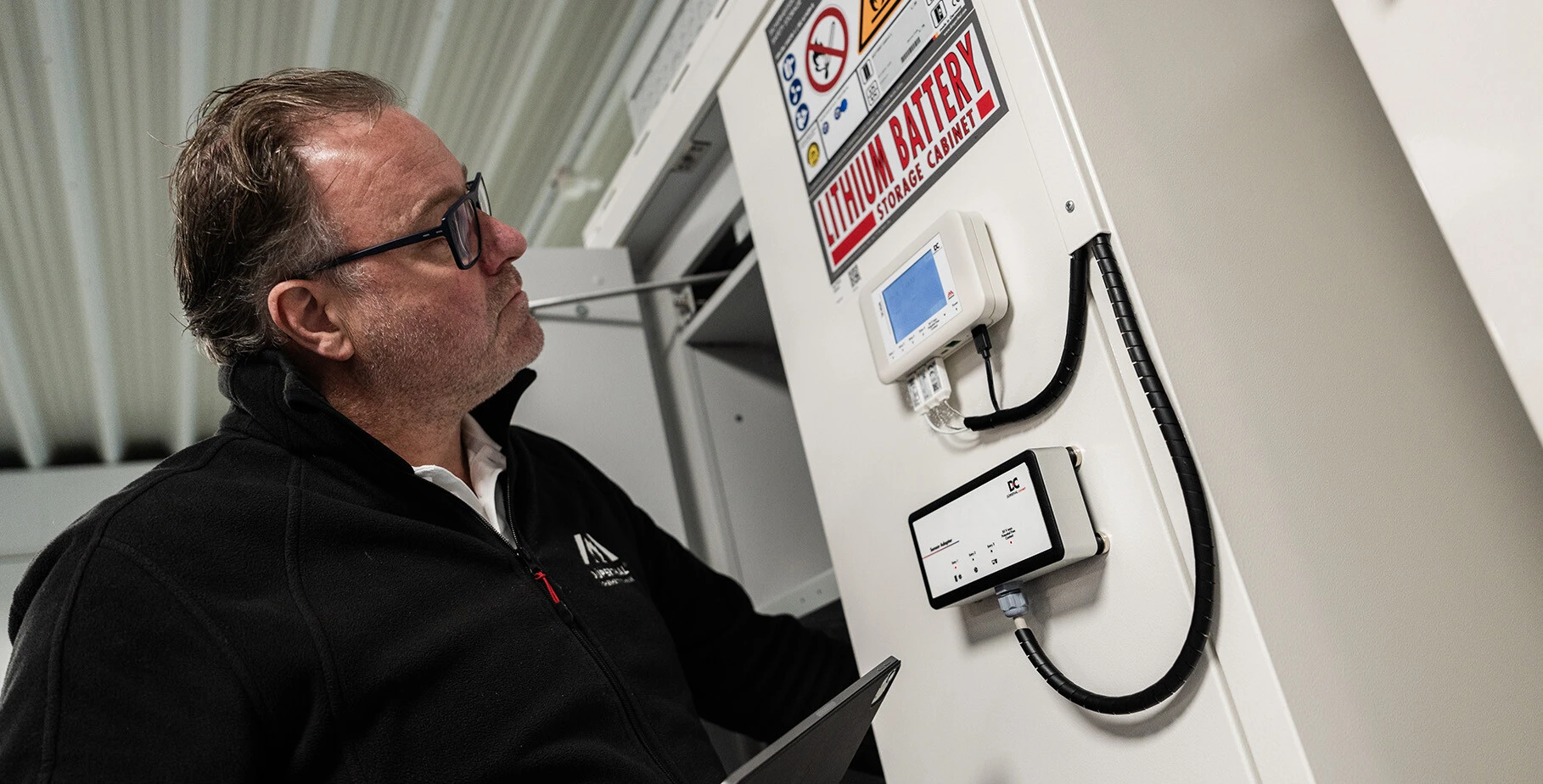 Un homme qui regarde une boîte de stockage pour batteries au lithium et tient une tablette dans la main.